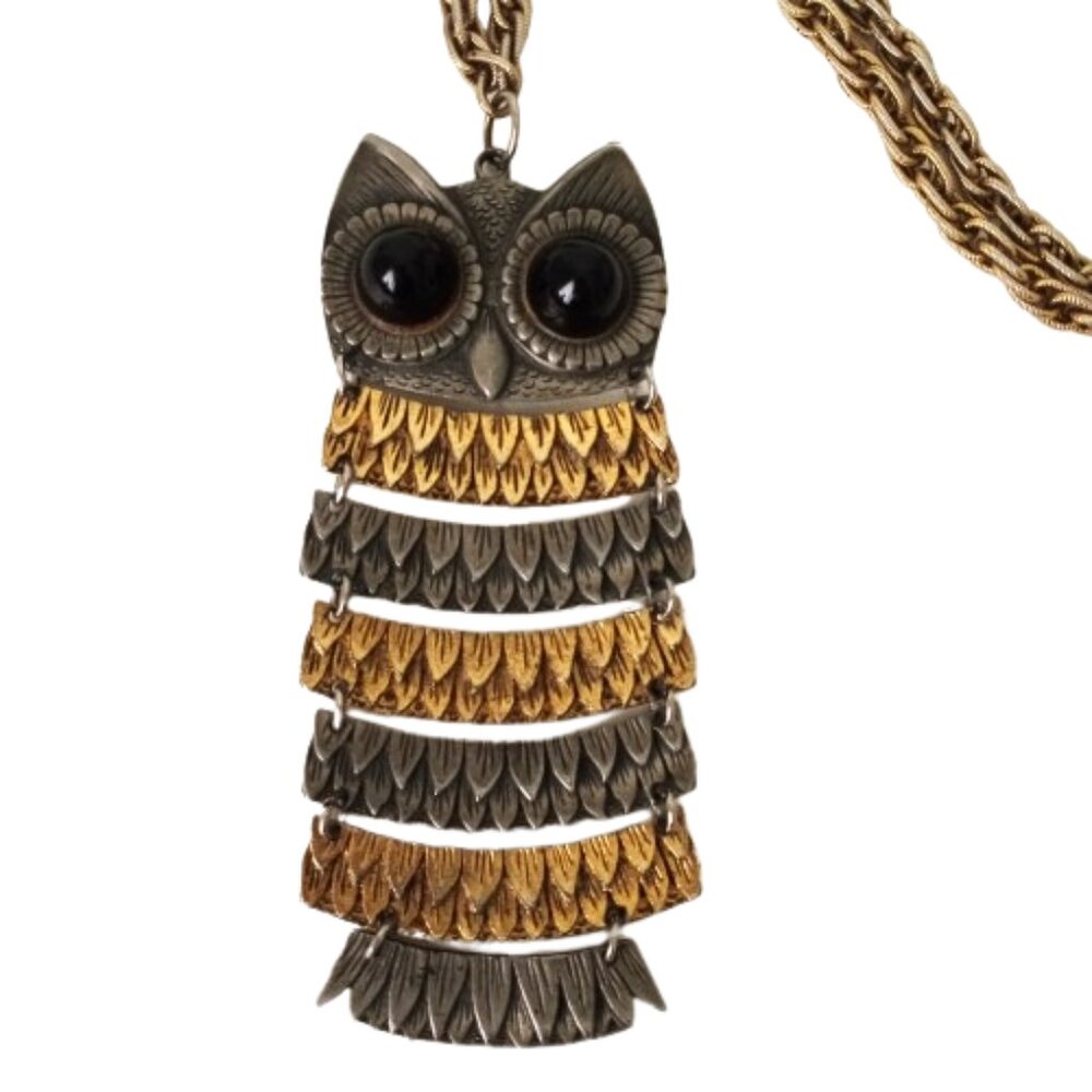 RARE LARGE VINTAGE 6 TIER BLACK CABOCHON EYES LARGE OWL PENDANT ROPE NECKLACE